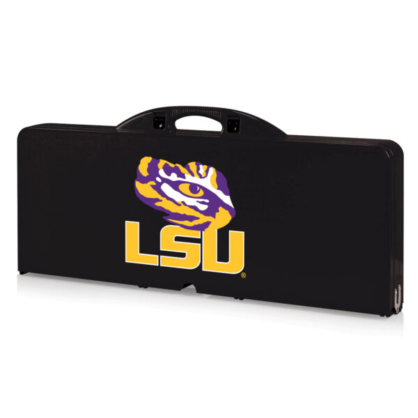 Black LSU Tigers Picnic Table carrying case with lsu logo and tiger graphic, featuring a side handle.