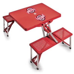 A red portable Ohio State Buckeyes Picnic Table featuring ohio state university logos on the tabletop and attached folding seats, isolated on a white background.