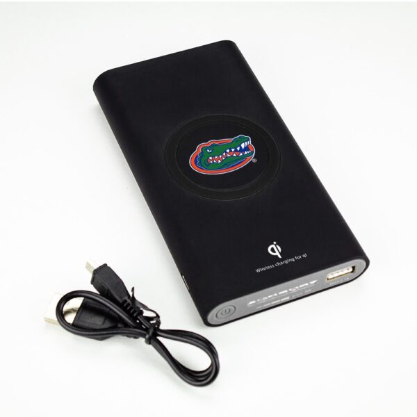 Florida Gators 8000WX Wireless Mobile Charger - Qi Certified with a florida gators logo, displayed next to its usb cable on a white background.
