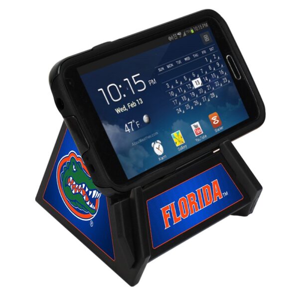 A Florida Gators Pyramid Phone & Tablet Stand displaying a tablet with a weather app on the screen, showing a temperature of 47°F.