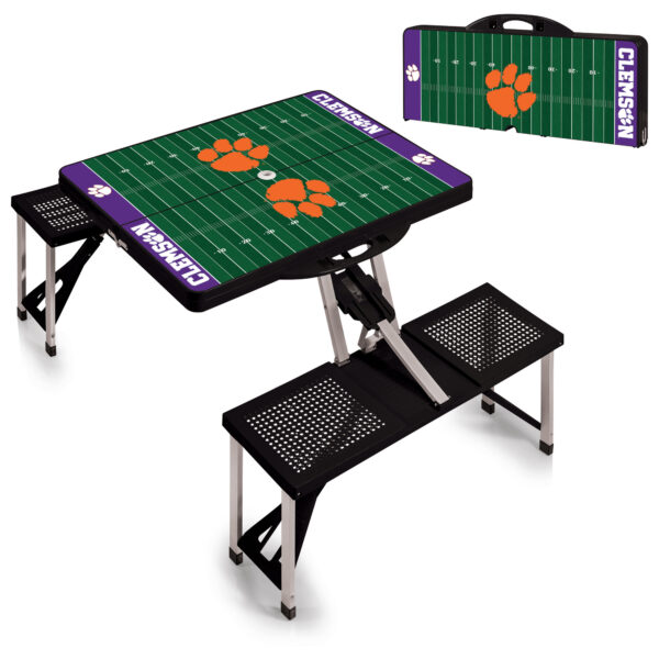 Foldable Clemson Tigers Picnic Table with matching stools, featuring a green football field design and the Clemson Tigers logo.