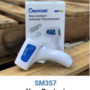 INFRARED Non-Touch Thermometer by berrcom, displayed in packaging, resting on a wooden background.
