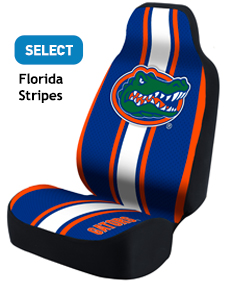 Florida Gators Seat Cover Set featuring university of florida gators logo with blue and orange stripes and "florida" text on the seat base.