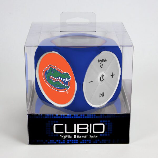 A FLORIDA GATORS MX-300 Cubio Bluetooth® Speaker packaged in a clear box, featuring a blue design with an orange and green alligator logo.