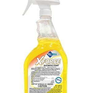A bottle of XForce Disinfectant 1 Quart Bottle with a yellow liquid and a white spray nozzle, featuring caution and branding labels.
