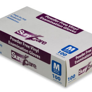 Box of SURECARE POWDER FREE VINYL EXAM GLOVES, containing 100 pieces, on a white background.