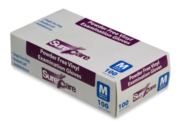 Box of SURECARE POWDER FREE VINYL EXAM GLOVES, containing 100 pieces, on a white background.