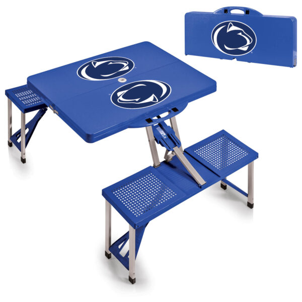 Blue Penn State Nittany Lions portable picnic table, featuring attached foldable stools, displayed both open and folded.