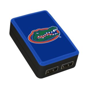 QuikVolt Florida Gators WP-200X Classic Dual-Port USB Wall Charger with a green and red alligator on the top, equipped with two usb ports.