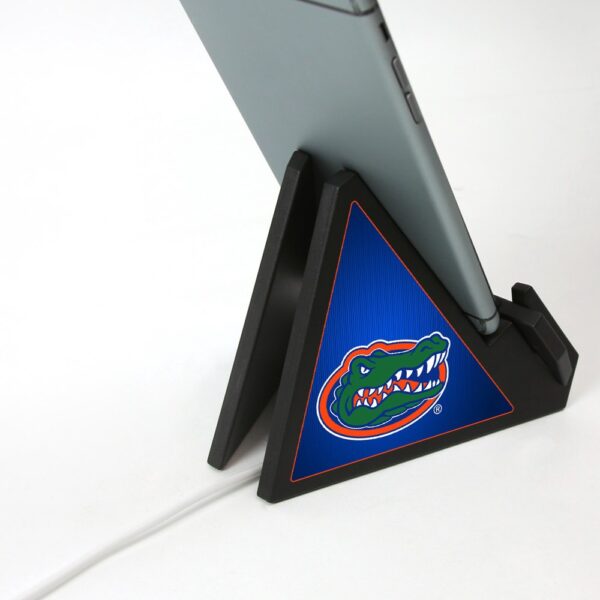 Florida Gators Pyramid Phone & Tablet Stand featuring a triangular sticker with a graphic of a green and blue alligator on a red background.