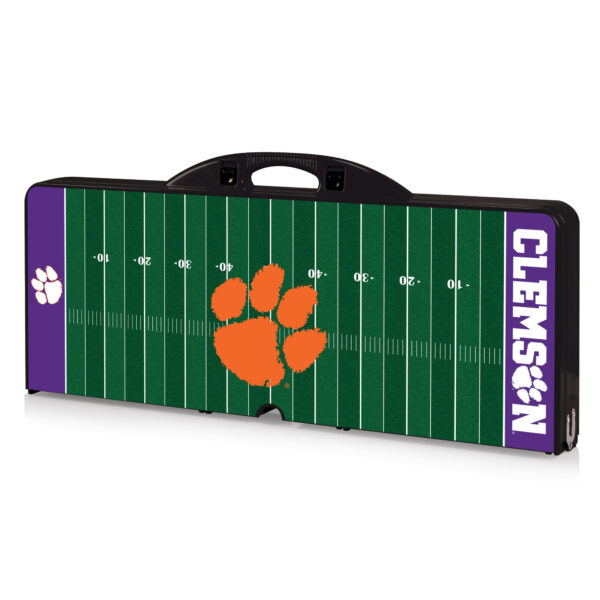Portable folding table designed to resemble a Clemson Tigers Picnic Table, featuring sideline markers and the school's orange tiger paw logo.