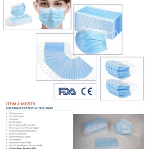Collage of blue disposable face masks, showing individual and stacked views with details of fda and ce certifications, and features list like antibacterial and three-layer protection.