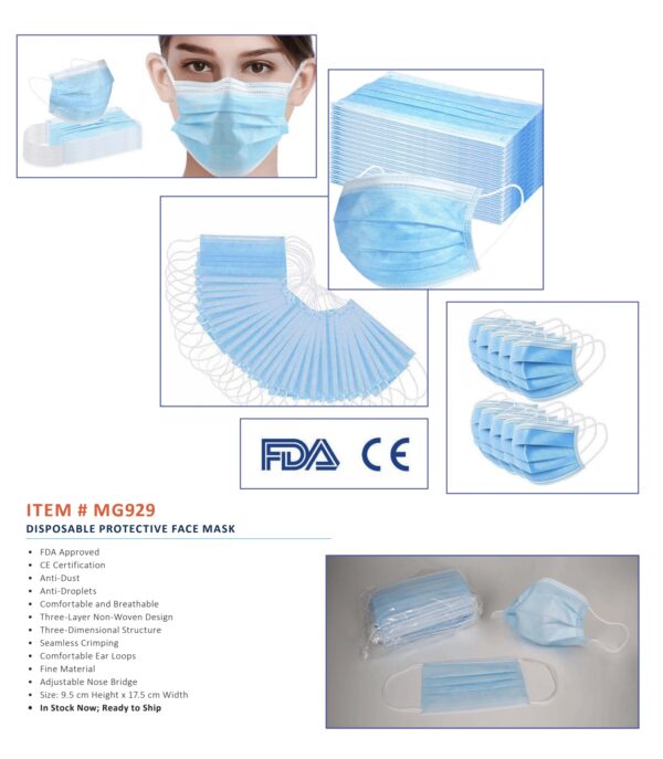 Collage of blue disposable face masks, showing individual and stacked views with details of fda and ce certifications, and features list like antibacterial and three-layer protection.