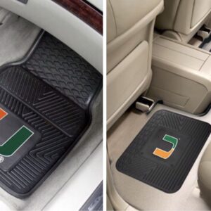Two images showing Miami Hurricanes 4PC Vinyl Car Mats with the university of miami logo, one in the driver's side and the other in the rear seat area.