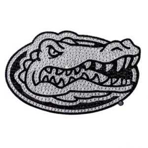 A black and white illustration of a stylized alligator head with an open mouth, showing detailed teeth, rendered in a dotted texture Florida Bling Decal.