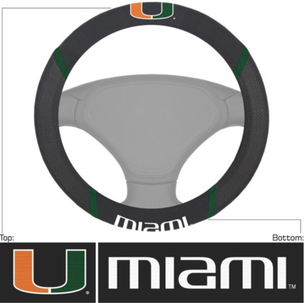 Miami Hurricanes Steering Wheel Cover featuring the university of miami logo with orange and green accents on a gray background.