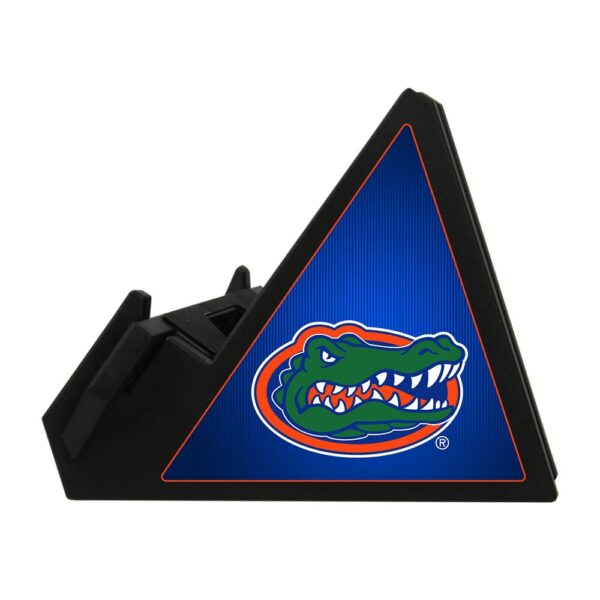 A Florida Gators Pyramid Phone & Tablet Stand, featuring a green and orange alligator graphic on a blue background, mounted on a black base.