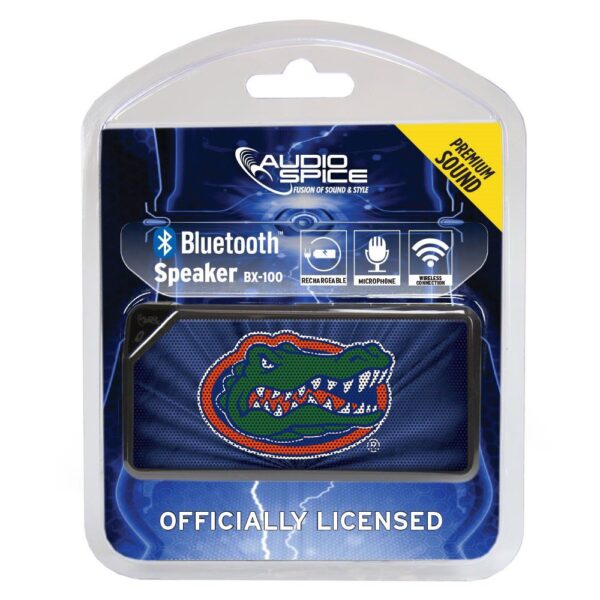 A packaged Florida Gators BX-100 Bluetooth Speaker with a crocodile graphic, labeled as "audiospice bluetooth speaker bx-100" and "officially licensed.