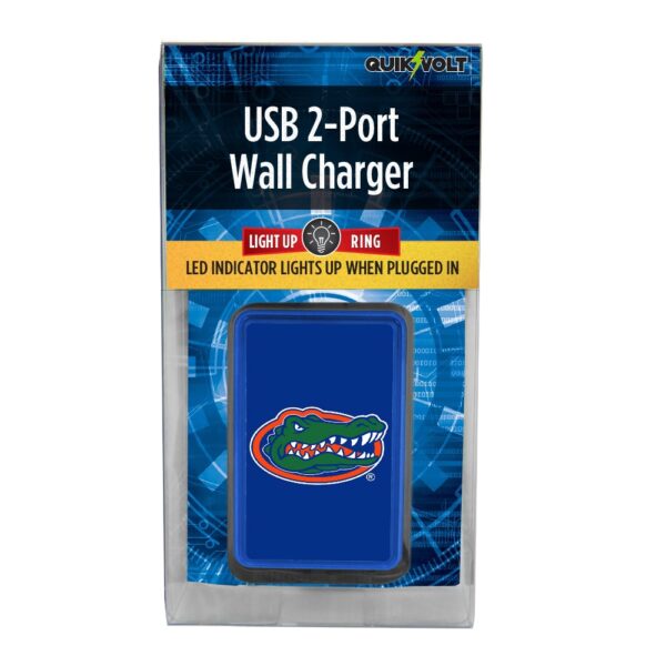 QuikVolt Florida Gators WP-200X Classic Dual-Port USB Wall Charger packaging featuring a blue design and an LED indicator, adorned with an alligator logo.