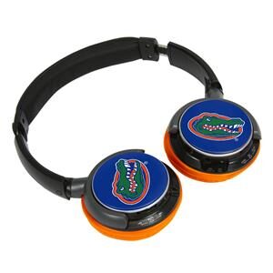 Over-ear headphones with a black band and orange pads, featuring the Florida Gators Sonic Jam Bluetooth® Headphones logo on blue ear cups.
