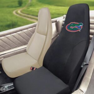 Florida Gators Black Seat Cover Set featuring the university of florida gators logo on a black background, installed in a vehicle.