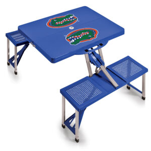 Portable blue LSU Tigers picnic table with attached benches, featuring a florida gators logo on the tabletop.