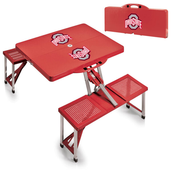 A portable Ohio State Buckeyes Picnic Table with attached benches in red and white.