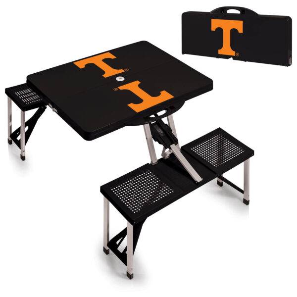 Portable Tennessee Vols picnic table and benches set in black with the letter "t" in orange, folded and unfolded views shown.