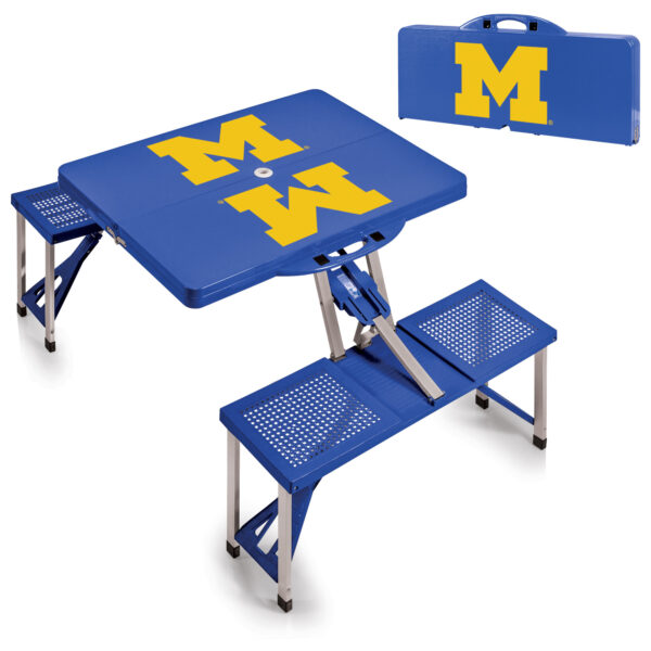Portable Michigan Wolverines Picnic Table and benches in blue with the university of michigan 'm' logo on the tabletop and seats, foldable design.