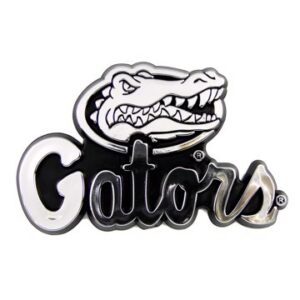 A Florida Gators Auto Emblem featuring a stylized alligator above the word "gators" in bold, black and white lettering.