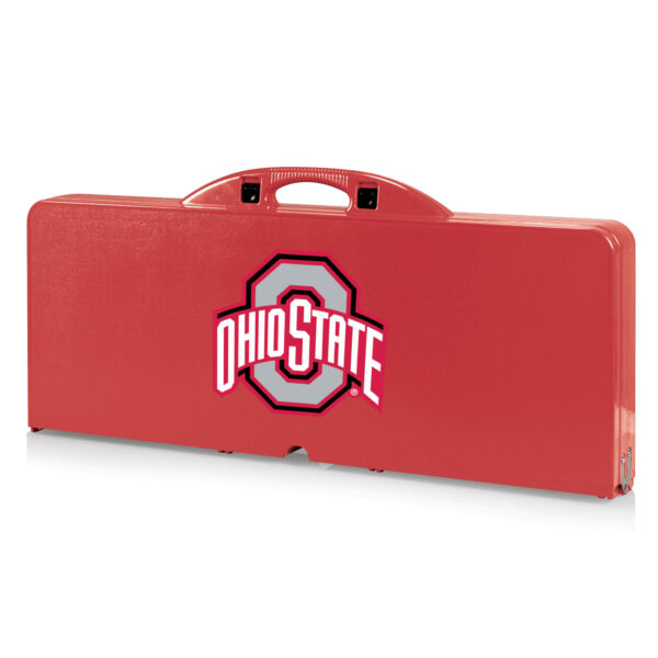 Red Ohio State Buckeyes Picnic Table with a handle, isolated on a white background.