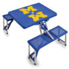 A portable blue Michigan Wolverines picnic table featuring the university of michigan logo on the tabletop, with attached folding seats.