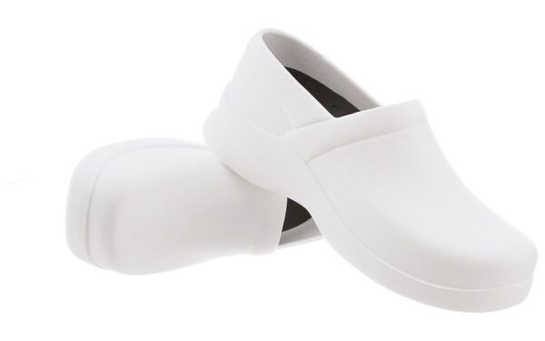 A pair of white Boca slip-on shoes against a white background.