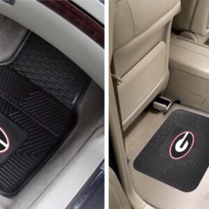 A collage of two images showing Georgia Bulldogs 4-PC Vinyl Car Mats with a circular red logo, positioned in the driver's side of a car with beige interior.