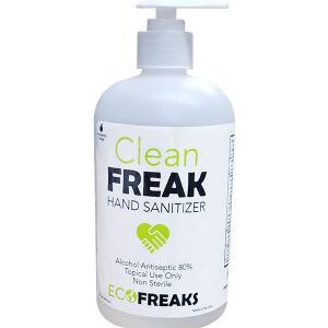 A bottle of "Clean Freak Hand Sanitizer" with a pump dispenser, labeled as containing 80% alcohol antiseptic for topical use, from the brand ecofreaks.