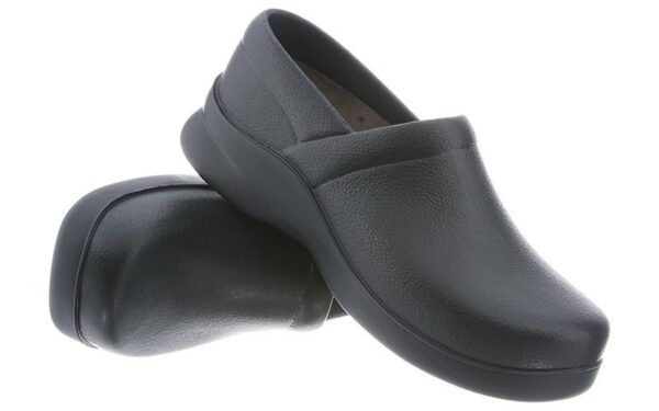 A pair of black leather Boca clogs against a white background.