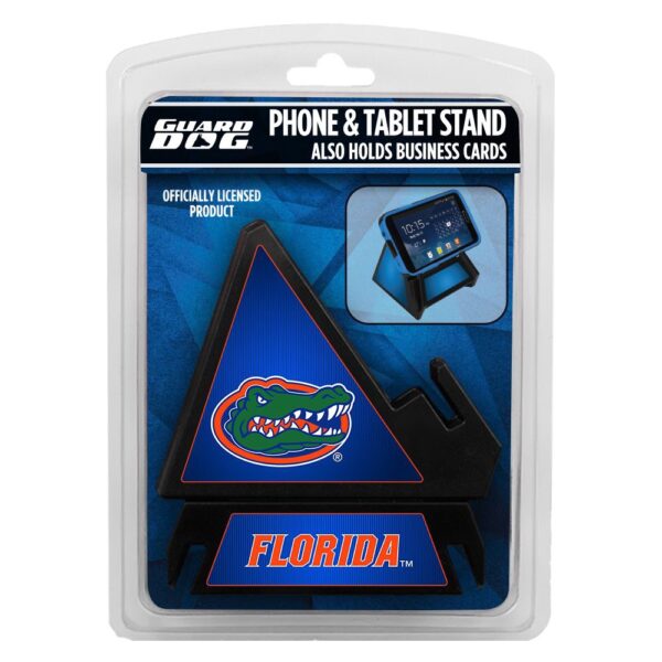 Packaging for a Florida Gators Pyramid Phone & Tablet Stand featuring a University of Florida logo, indicating it is officially licensed and also holds business cards.