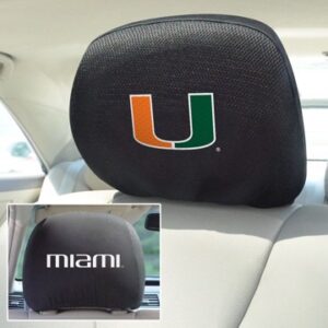 Miami Hurricanes Headrest Covers with the university of miami logo on top and the word "miami" on the lower front, displayed in a car.