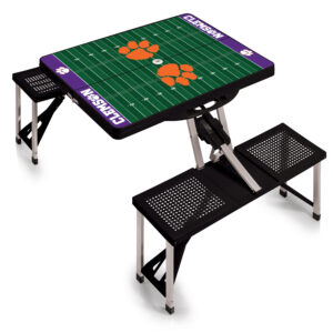 Clemson Tigers Picnic Table with purple and green color scheme and built-in seating for four.