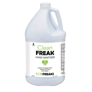 A large plastic gallon jug of Clean Freak Hand Sanitizer - Gallon, featuring a label with product details and branding.