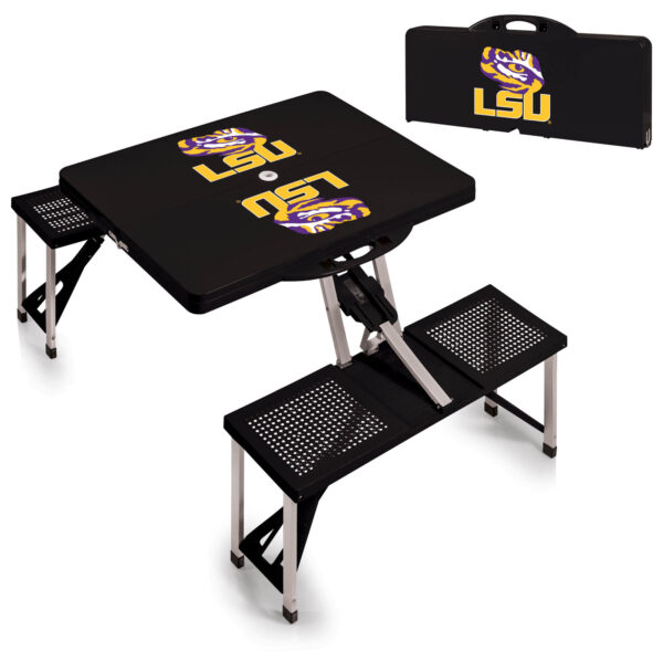 LSU Tigers picnic table and two benches with lsu logo on them, set against a white background.