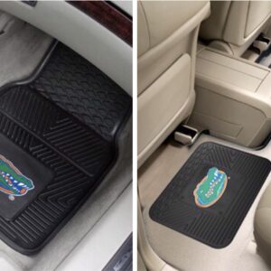 Two images showing Florida Gators 4-PC Vinyl Car Mats with florida gators logos, one focused on the driver's side and the other on the passenger's side of a light interior car.