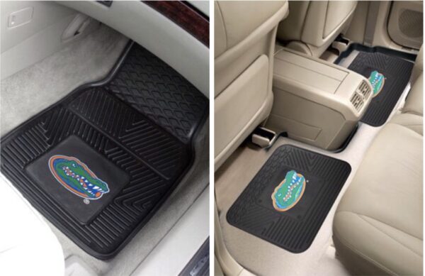 Two images showing Florida Gators 4-PC Vinyl Car Mats with florida gators logos, one focused on the driver's side and the other on the passenger's side of a light interior car.