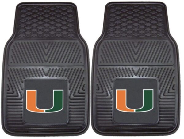 Two Miami Hurricanes 4PC Vinyl Car Mats with a textured design and the letter 'u' logo in green and orange at the center.