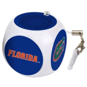 White, spherical Florida Gators MX-100 Cubio Mini Bluetooth® Speaker Plus Selfie Remote featuring a blue grill and a metal carabiner attached.