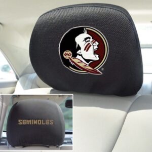 Car FSU Seminoles Black headrest covers with florida state university seminoles logo and text, displayed in a vehicle's interior.