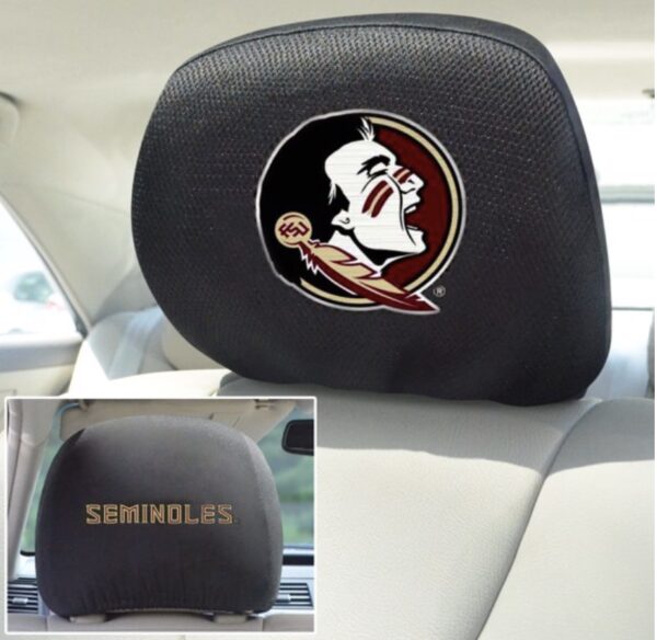 Car FSU Seminoles Black headrest covers with florida state university seminoles logo and text, displayed in a vehicle's interior.