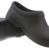 A pair of Zest black leather clogs on a white background. the shoes feature a closed back and plain design, suited for professional use.