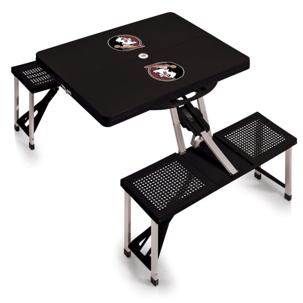 Portable black LSU Tigers picnic table with attached benches, featuring the LSU Tigers logo on the tabletop.