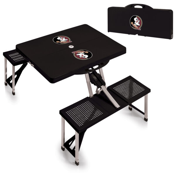 Portable black picnic table with LSU Tigers logo, featuring attached benches and folded case mode on white background.